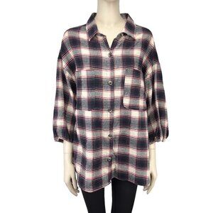 HARVE BENARD Plaid Red White Black & Blue Button Up 3/4 Sleeves Shirt Size XL